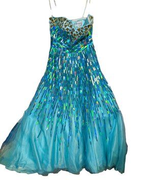 Partytime Strapless Blue Sequin Prom Dress With Gold Accent Gems - Size 10